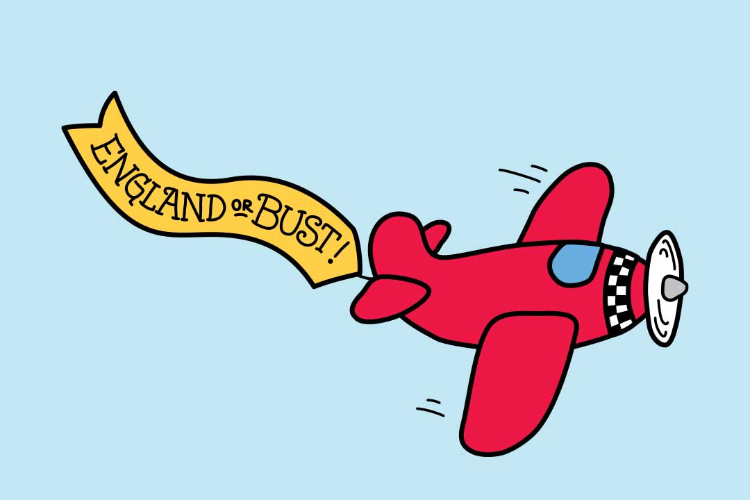 Aereo che vola con un banner con scritta “England or Bust”